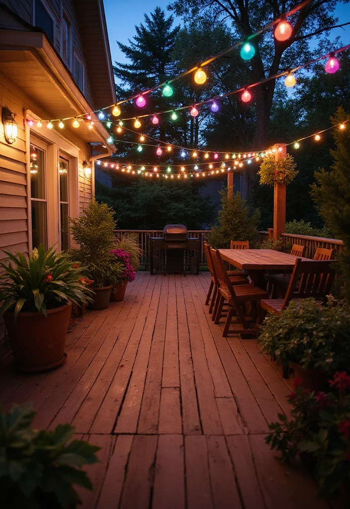 12 Backyard Deck Lighting Ideas for Warm Evening Ambience - 2. String Lights for a Festive Feel