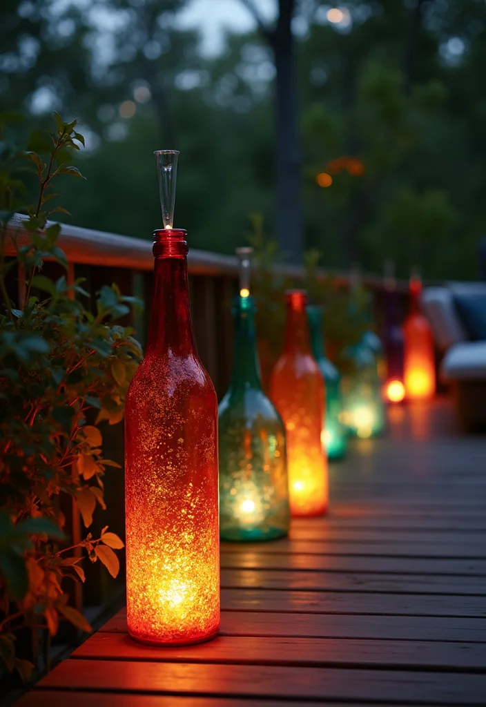 12 Backyard Deck Lighting Ideas for Warm Evening Ambience - 4. Recycled Glass Bottles as Eco-Friendly Lamps