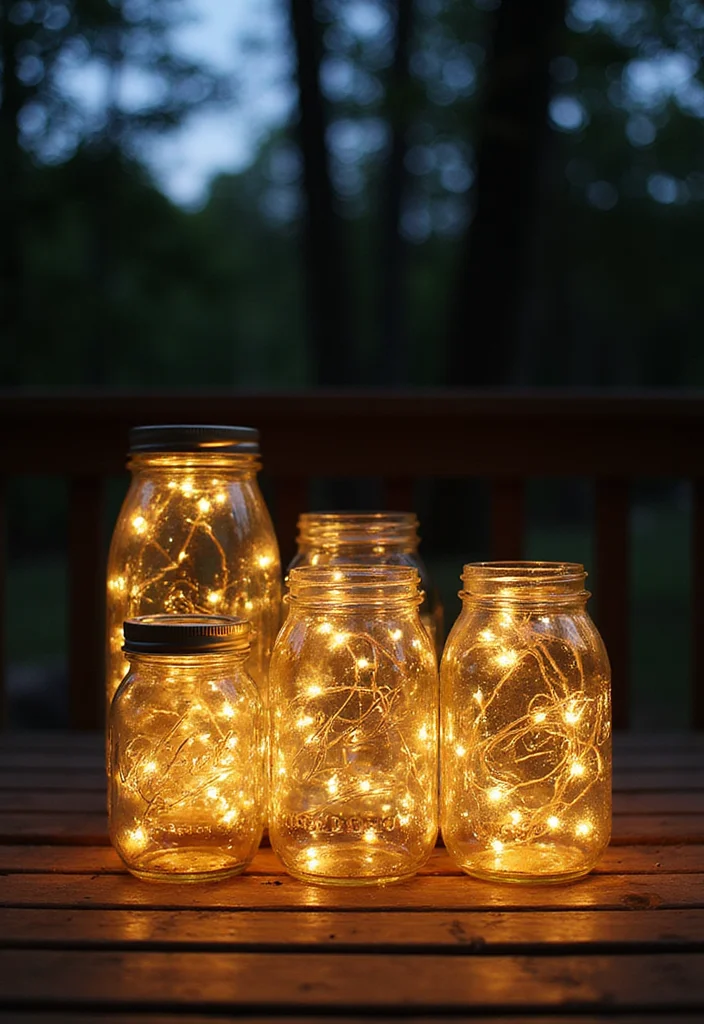 12 Backyard Deck Lighting Ideas for Warm Evening Ambience - 6. Fairy Light Jars for Enchanting Decor