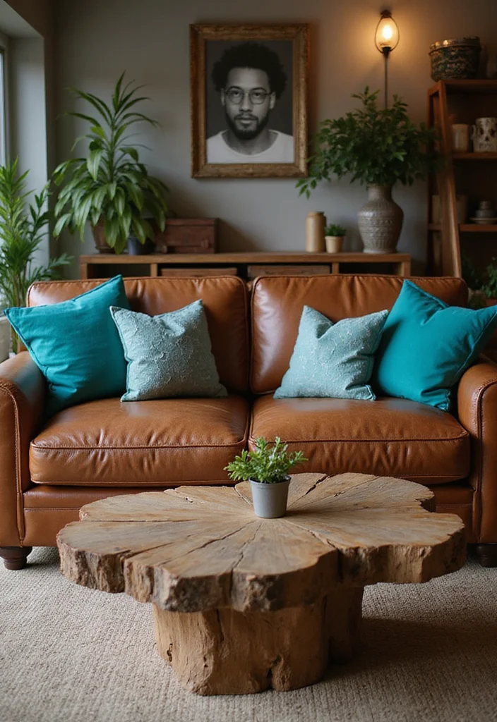 12 Brown and Teal Living Room Ideas for Bold Warm Contrast 1 12 Brown and Teal Living Room Ideas for Bold Warm Contrast - 1. Rustic Brown Leather Couches with Teal Pillows