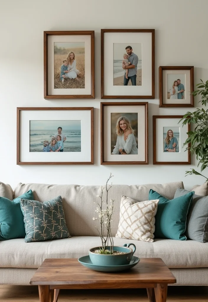 12 Brown and Teal Living Room Ideas for Bold Warm Contrast 122 12 Brown and Teal Living Room Ideas for Bold Warm Contrast - 12. Personal Touches: Teal and Brown Family Photos