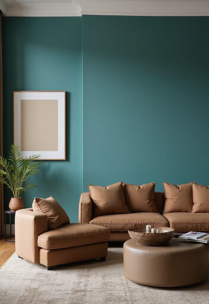 12 Brown and Teal Living Room Ideas for Bold Warm Contrast 12 12 Brown and Teal Living Room Ideas for Bold Warm Contrast - 2. Teal Accent Walls with Brown Furniture