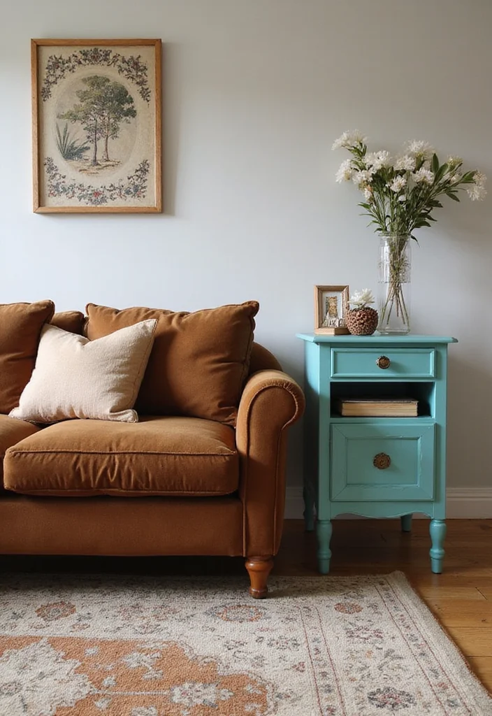 12 Brown and Teal Living Room Ideas for Bold Warm Contrast 23 12 Brown and Teal Living Room Ideas for Bold Warm Contrast - 3. Vintage Teal Side Tables with Brown Sofas