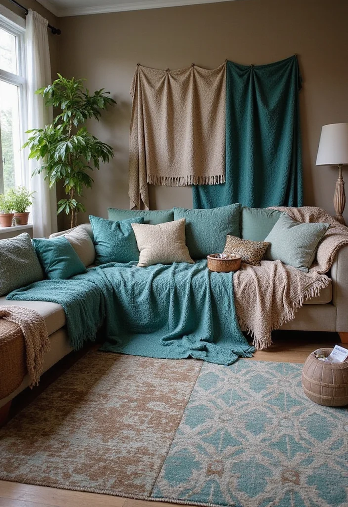 12 Brown and Teal Living Room Ideas for Bold Warm Contrast 34 12 Brown and Teal Living Room Ideas for Bold Warm Contrast - 4. Earthy Textiles: Teal and Brown Patterns