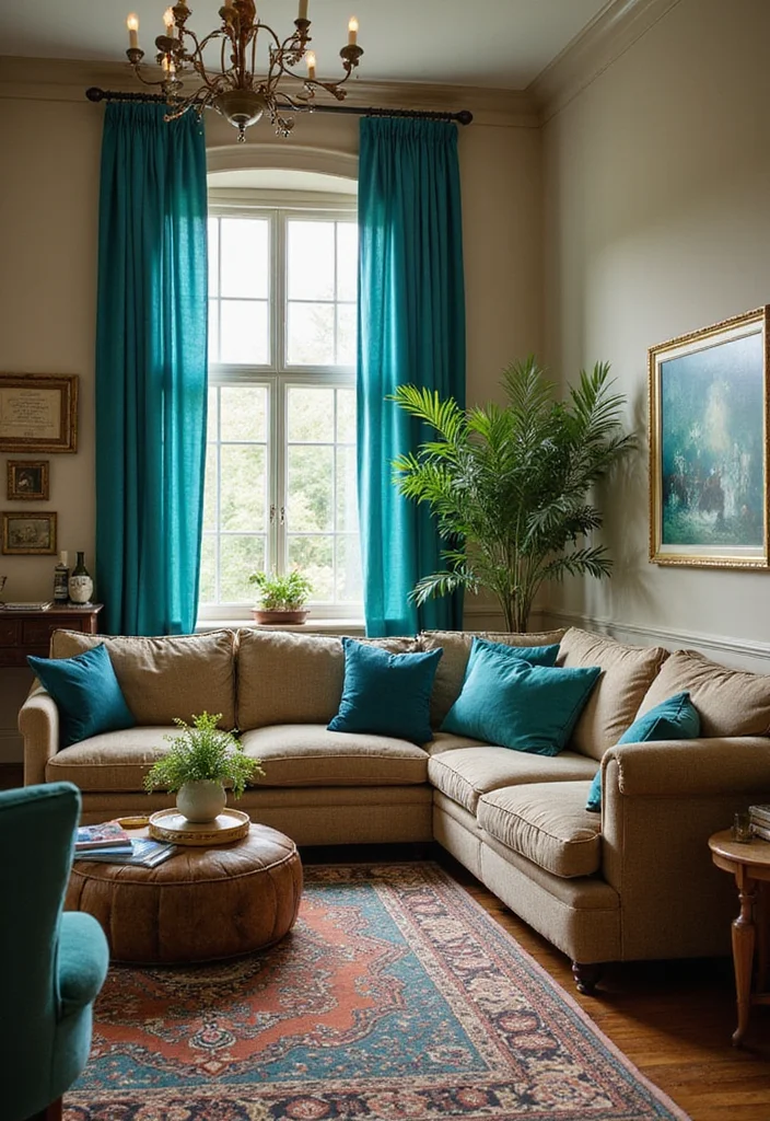 12 Brown and Teal Living Room Ideas for Bold Warm Contrast 56 12 Brown and Teal Living Room Ideas for Bold Warm Contrast - 6. Antique Brown Furniture with Teal Accents