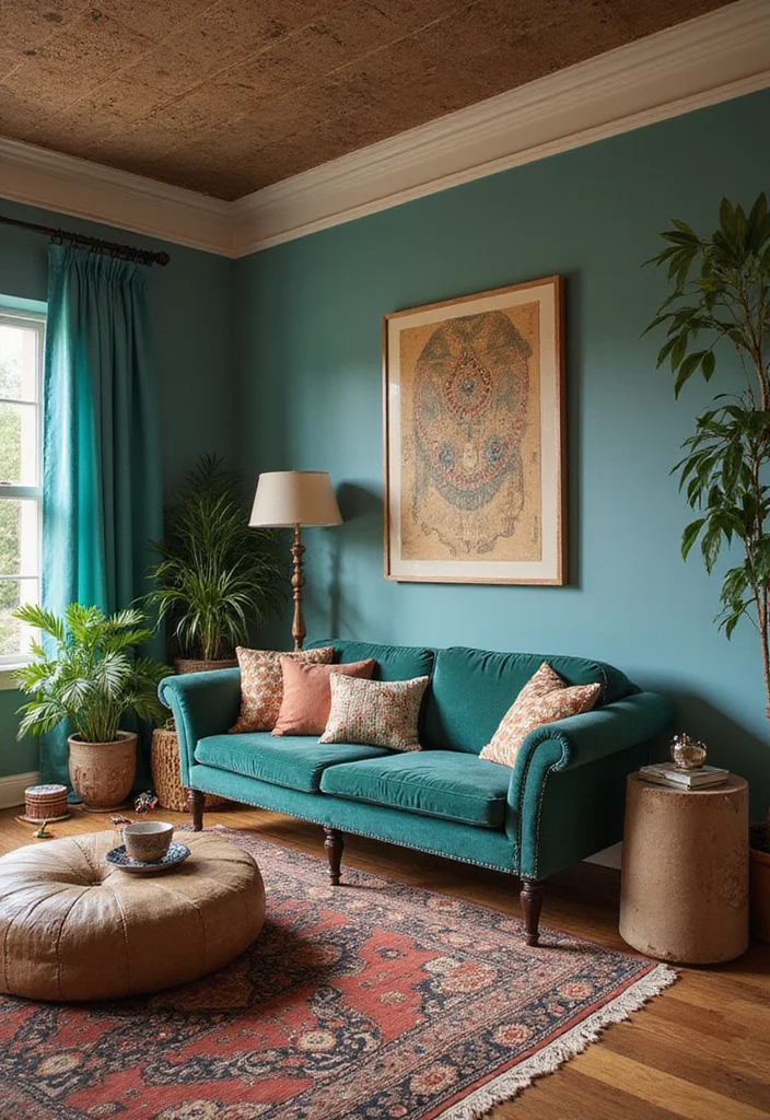 12 Brown and Teal Living Room Ideas for Bold Warm Contrast 78 12 Brown and Teal Living Room Ideas for Bold Warm Contrast - 8. Bohemian Teal and Brown Decor Mix