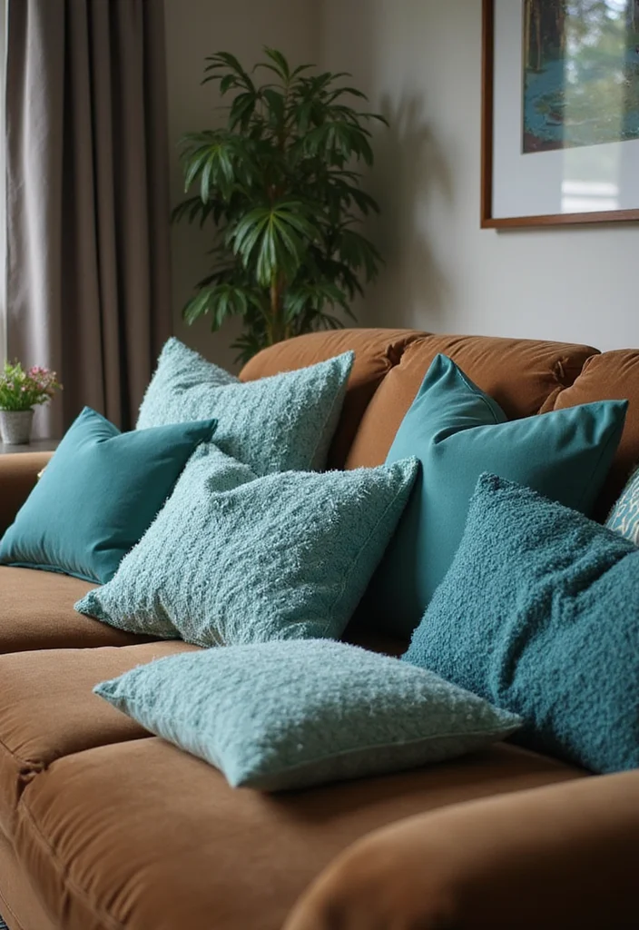 12 Brown and Teal Living Room Ideas for Bold Warm Contrast 89 12 Brown and Teal Living Room Ideas for Bold Warm Contrast - 9. Layering Teal Cushions on Brown Sofas