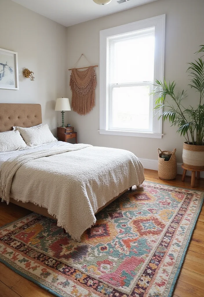 12 Cozy Boho Bedroom Ideas for Relaxed Layered Warmth - 8. Layered Rugs for Texture and Warmth
