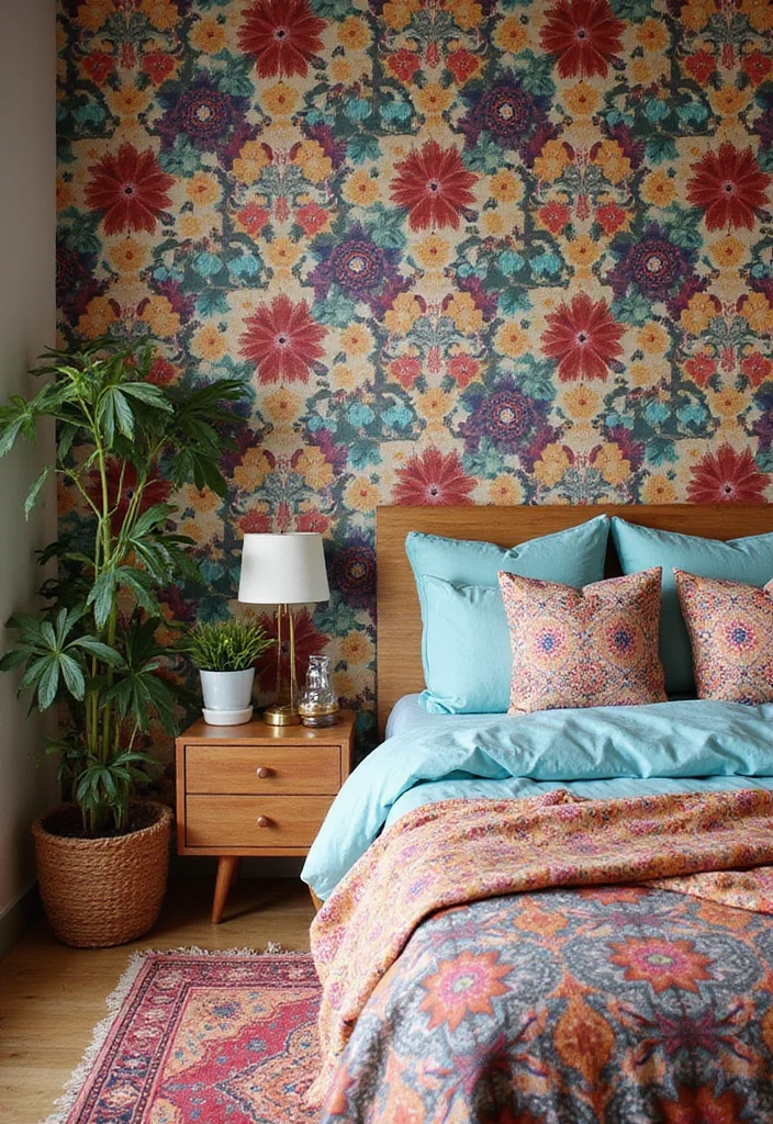 12 Cozy Boho Bedroom Ideas for Relaxed Layered Warmth - 9. A Feature Wall with Wallpaper