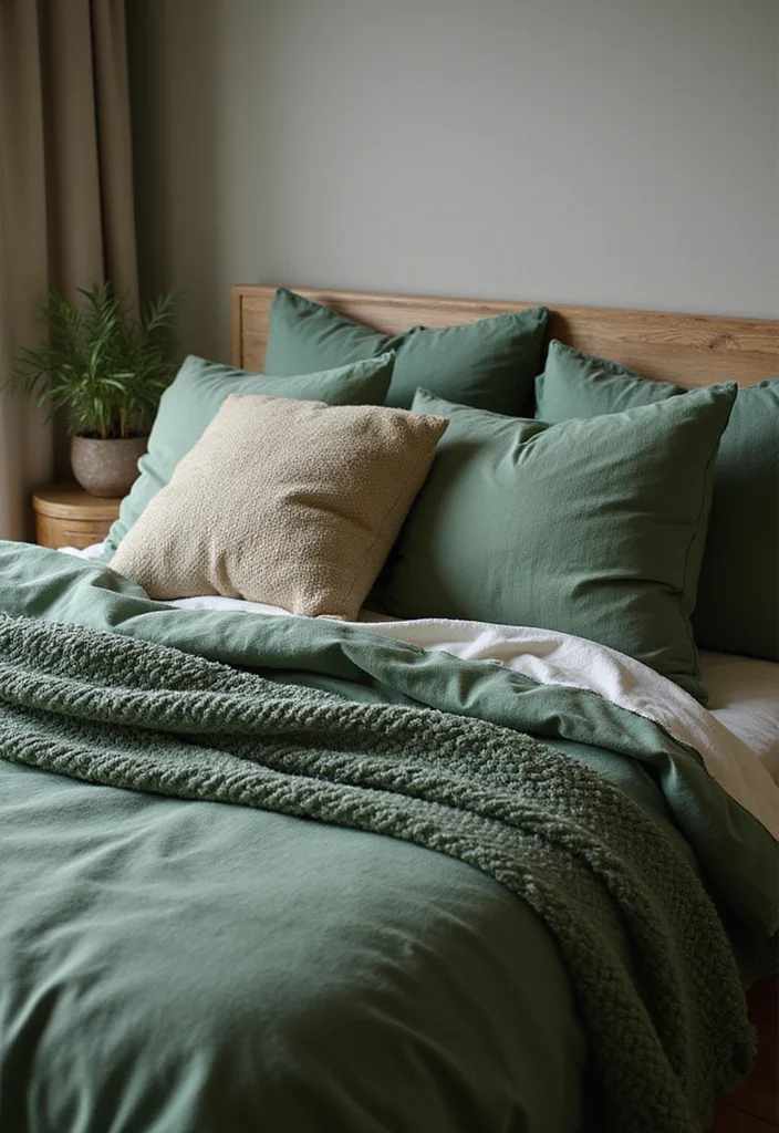 12 Green and Gold Bedroom Ideas for Chic Elegant Contrast - 3. Textured Green Bedding