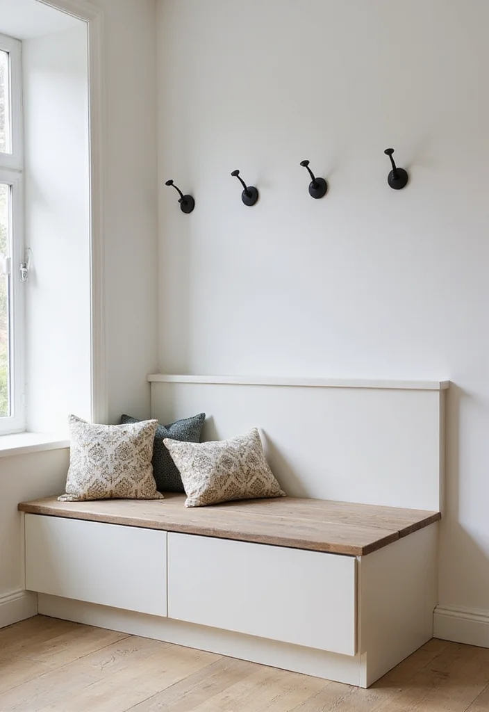 12 Kitchen Sitting Area Ideas for Cozy Casual Moments - 7. Minimalist Bench with Hooks