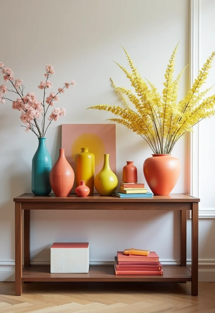 12 Living Room Console Table Decor Ideas for Easy Styling - 6. Colorful Accents