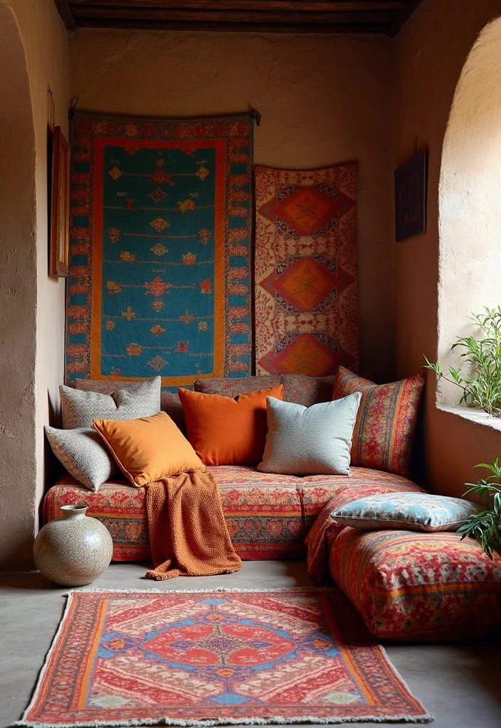 12 Moroccan Living Room Ideas for Pattern and Warm Color - 1. Vibrant Textile Layering