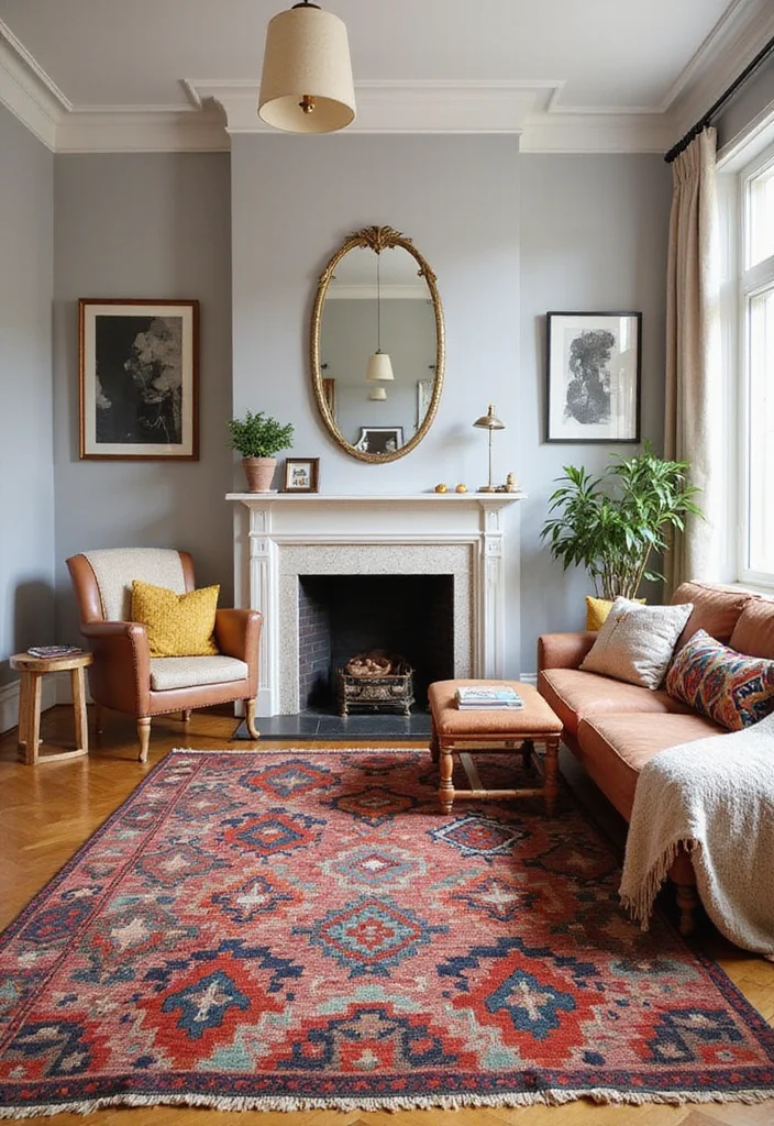 12 Moroccan Living Room Ideas for Pattern and Warm Color - 4. Cozy Kilim Rugs