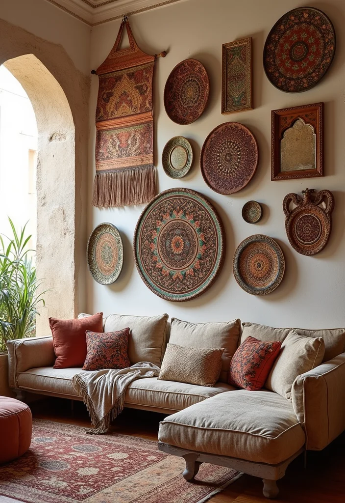 12 Moroccan Living Room Ideas for Pattern and Warm Color - 7. Intricate Wall Art