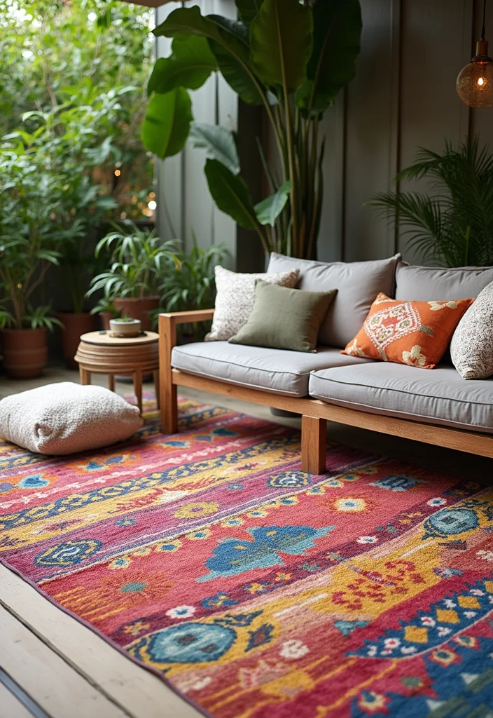 12 Small Outdoor Backyard Ideas for Cozy Functional Spaces - 6. Use of Colorful Outdoor Rugs