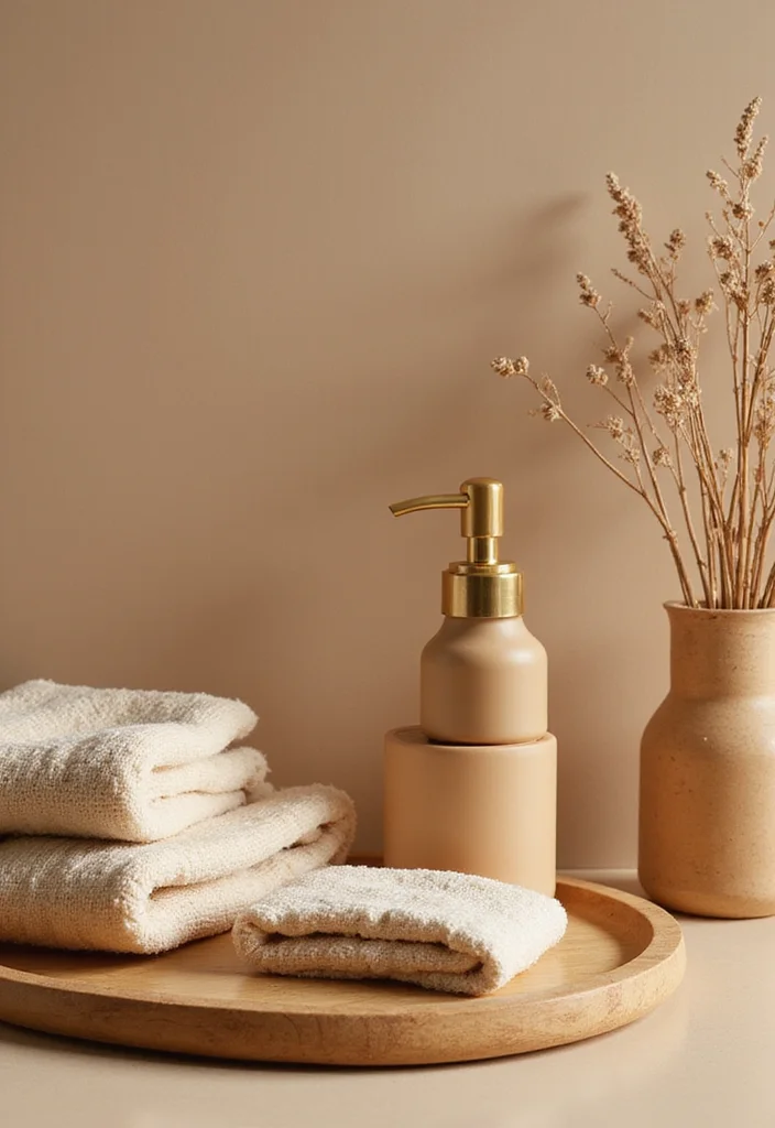 12 Tan Bathroom Ideas for Soft Neutral Warmth - 9. Tan Color Accents in Accessories
