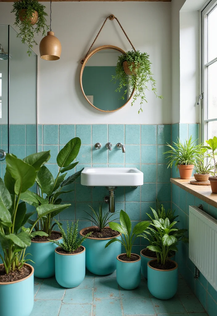 12 Teal Bathroom Ideas for Fresh Bold Style - 10. Teal Plants for Freshness