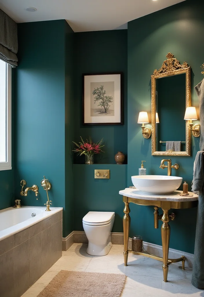 12 Teal Bathroom Ideas for Fresh Bold Style - 3. Teal and Gold Combo