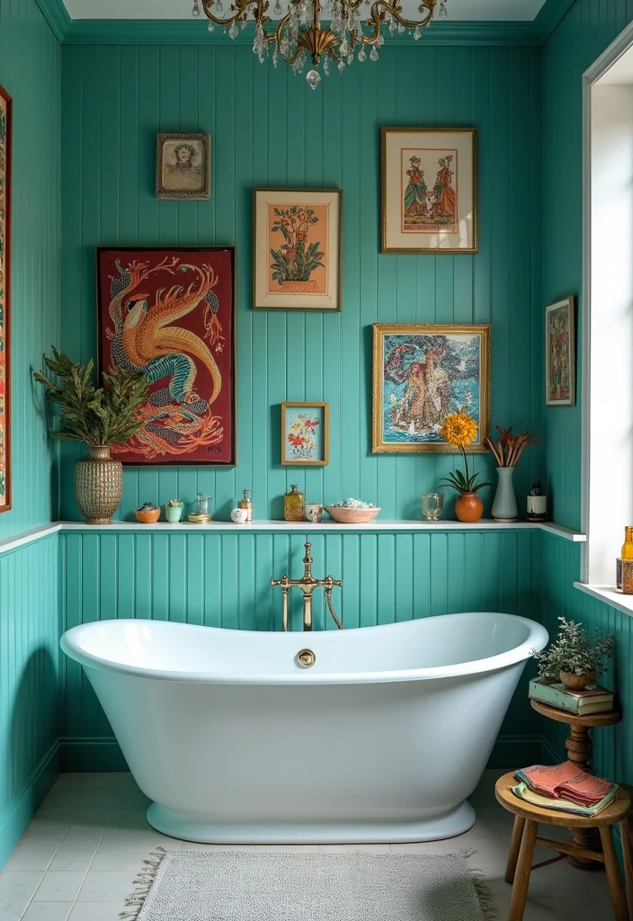 12 Teal Bathroom Ideas for Fresh Bold Style - 7. Artistic Teal Touches