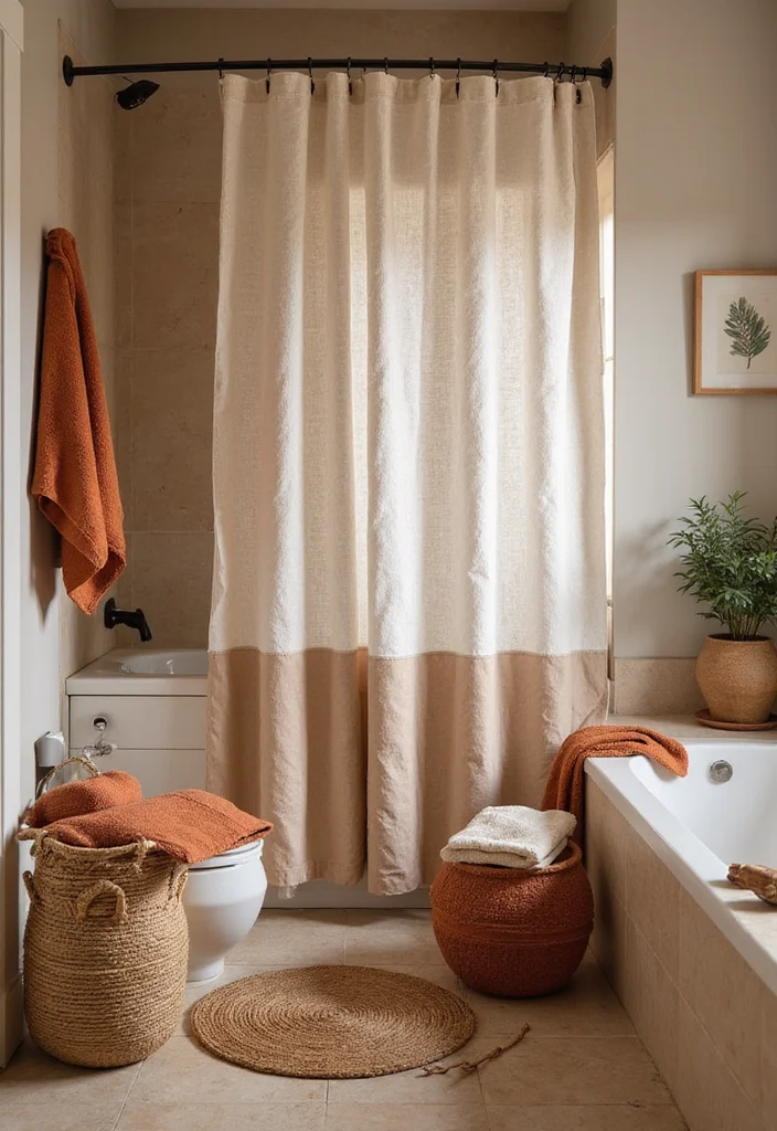 12 Terracotta Bathroom Ideas for Earthy Natural Charm - 8. Layered Textiles with Terracotta Hues
