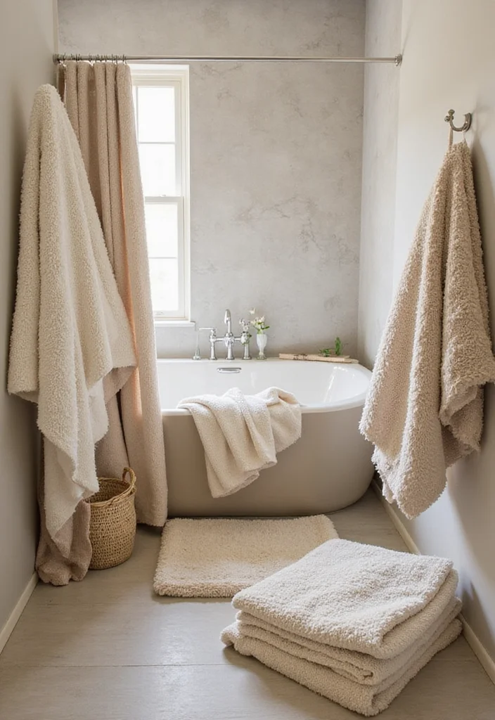 12 Warm Bathroom Ideas for Cozy Inviting Spaces - 2. Soft and Layered Textiles