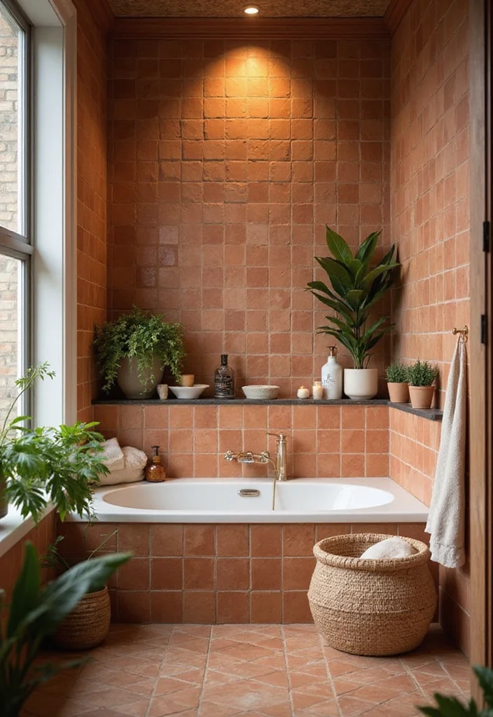 14 Bathroom Ceramic Tile Ideas for Durable Stylish Design - 9. Warm Terracotta Tiles