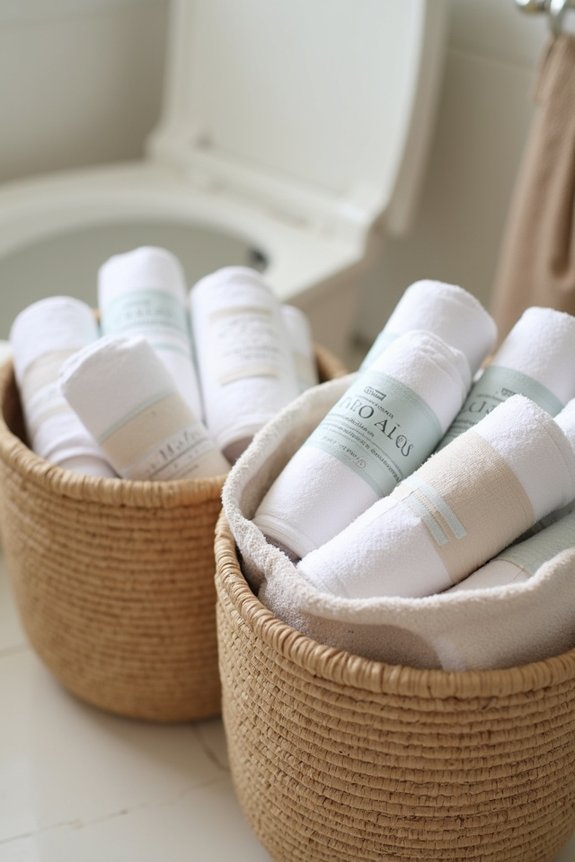 rolling towels in baskets for storage