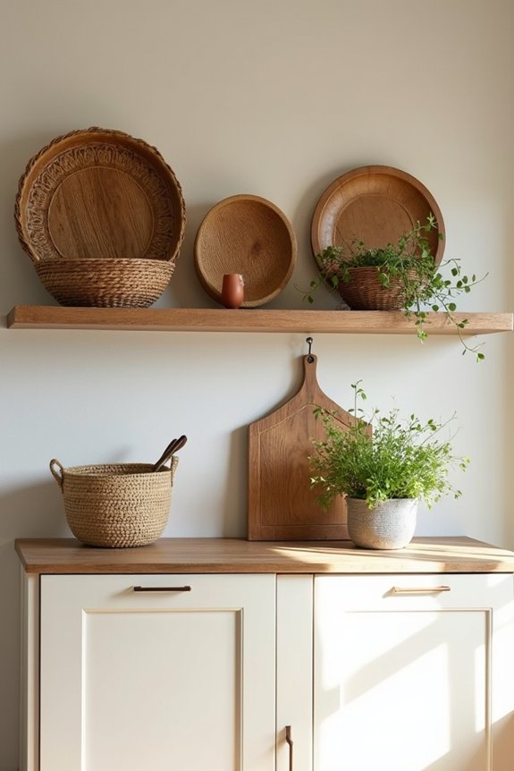 10 Ways to Decorate the Space Above Your Kitchen Cabinets 7 wood tones and woven balance